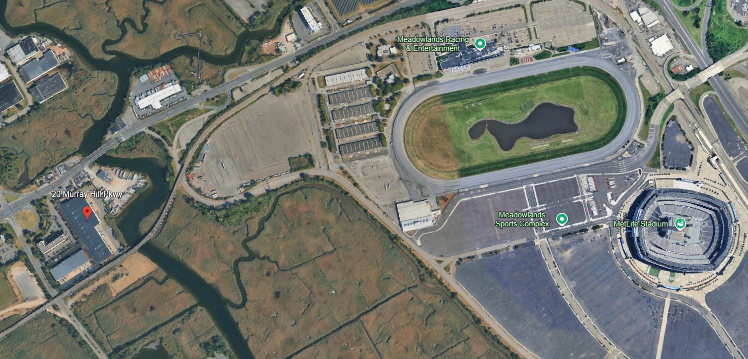 Aerial view: our lot at 20 Murray Hill Parkway on the left, across the marsh from the Meadowlands Sports Complex and MetLife Stadium on the right